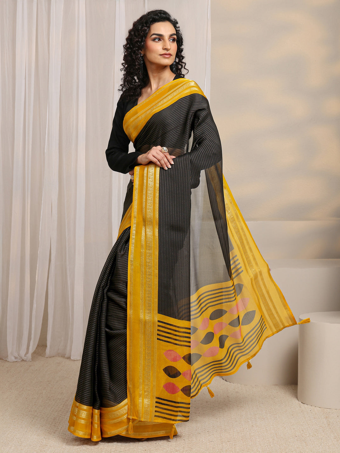  Black Printed Silk Blend Saree 
With Unstitched Blouse Piece 