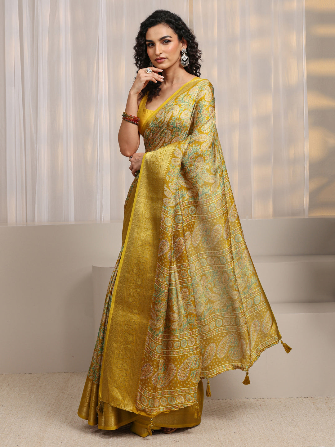  Mustard Paisley Printed Silk Blend Saree 
With Unstitched Blouse Piece 