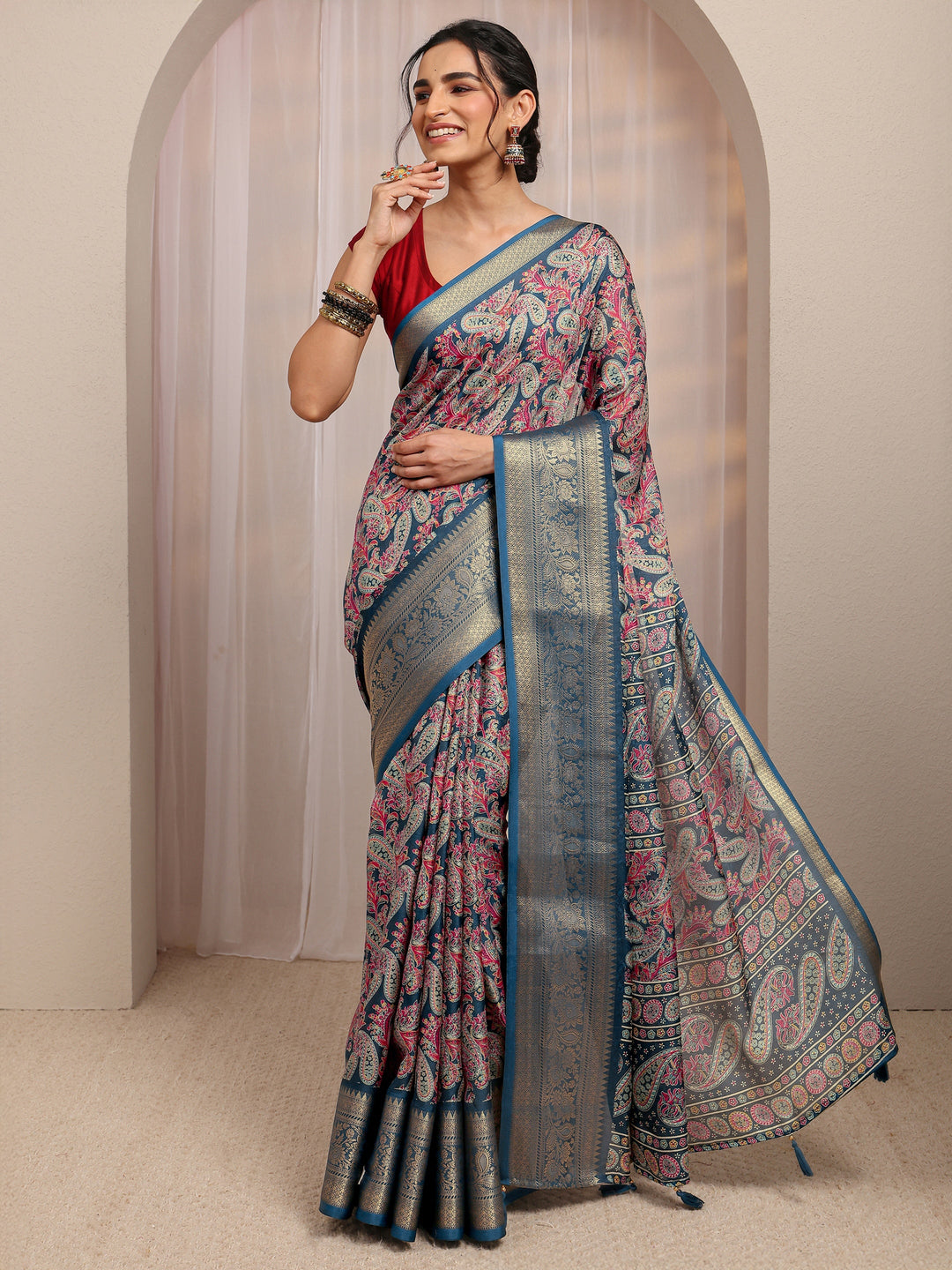  Navy Blue Paisley Printed Silk Blend Saree With Unstitched Blouse Piece 