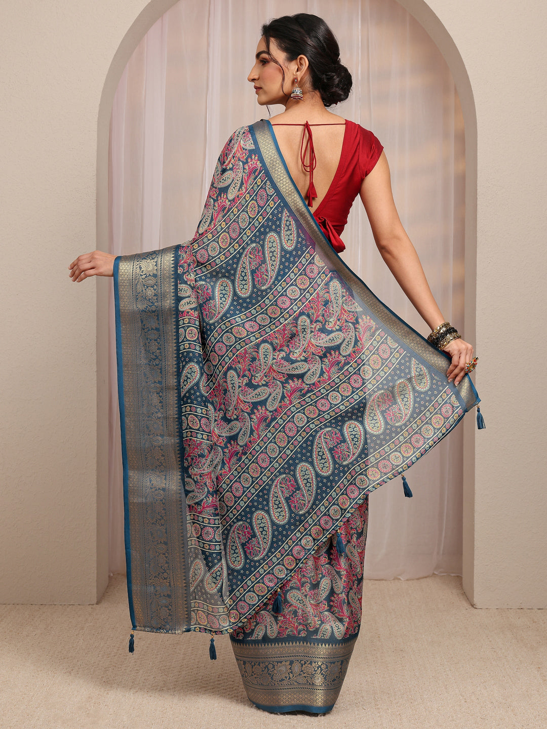  Navy Blue Paisley Printed Silk Blend Saree With Unstitched Blouse Piece 