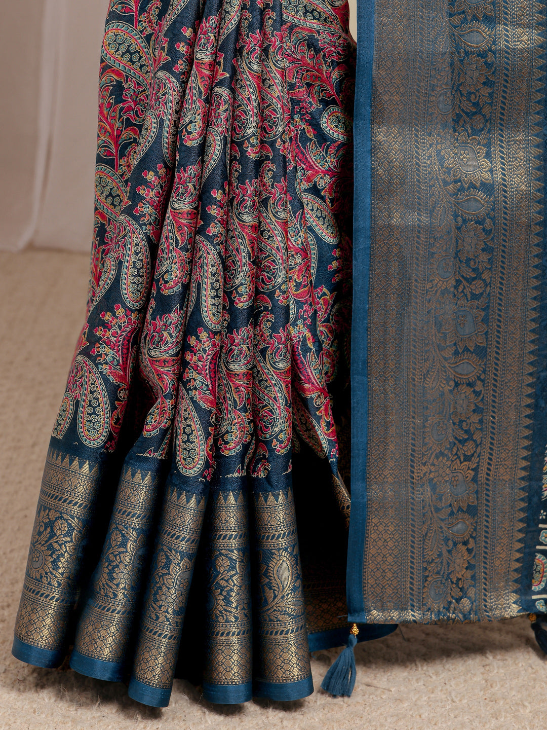  Navy Blue Paisley Printed Silk Blend Saree With Unstitched Blouse Piece 
