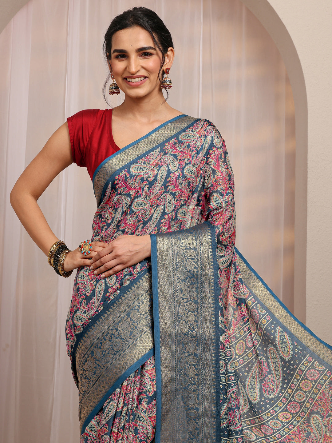  Navy Blue Paisley Printed Silk Blend Saree With Unstitched Blouse Piece 