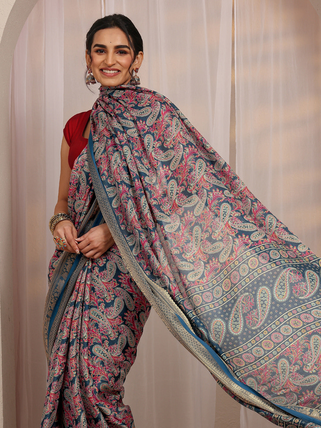  Navy Blue Paisley Printed Silk Blend Saree With Unstitched Blouse Piece 