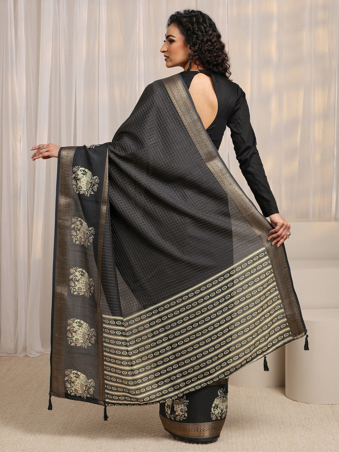  Black Ethnic Motif Woven Design Silk Blend Saree 
With Unstitched Blouse Piece 