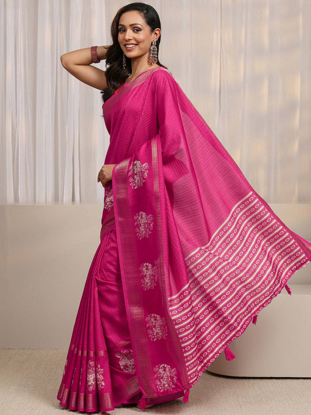  Pink Ethnic Motif Woven Design Silk Blend Saree 
With Unstitched Blouse Piece 
