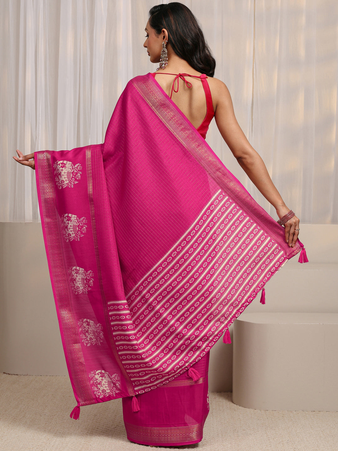  Pink Ethnic Motif Woven Design Silk Blend Saree 
With Unstitched Blouse Piece 
