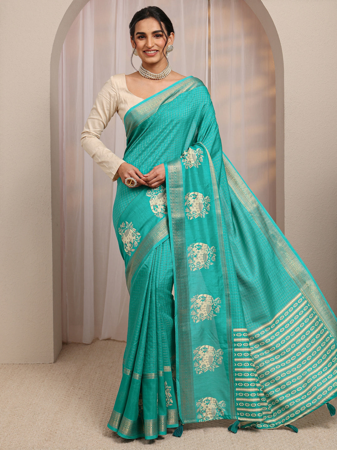  Green Ethnic Motif Woven Design Silk Blend Saree With Unstitched Blouse Piece 
