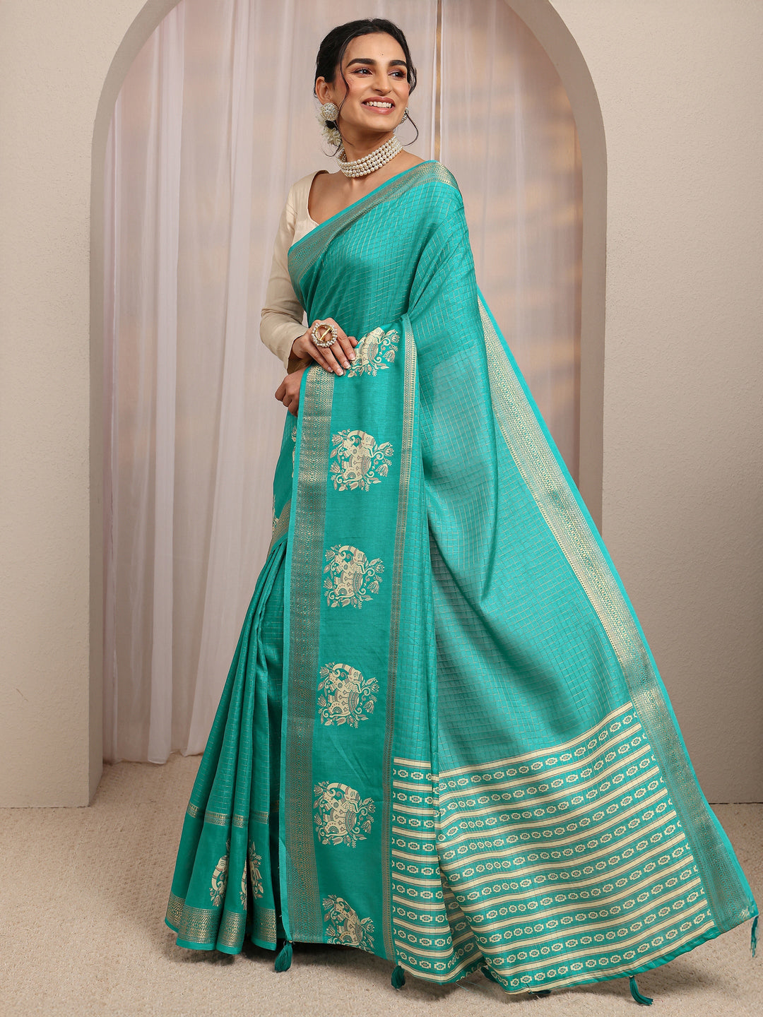  Green Ethnic Motif Woven Design Silk Blend Saree With Unstitched Blouse Piece 