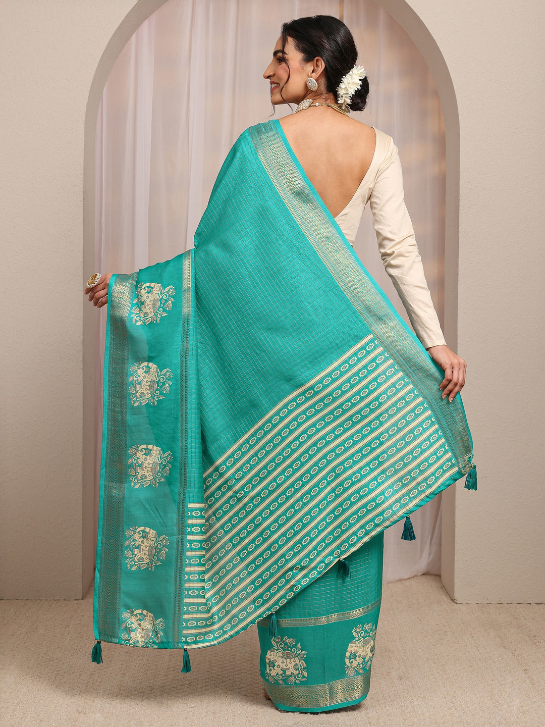  Green Ethnic Motif Woven Design Silk Blend Saree With Unstitched Blouse Piece 