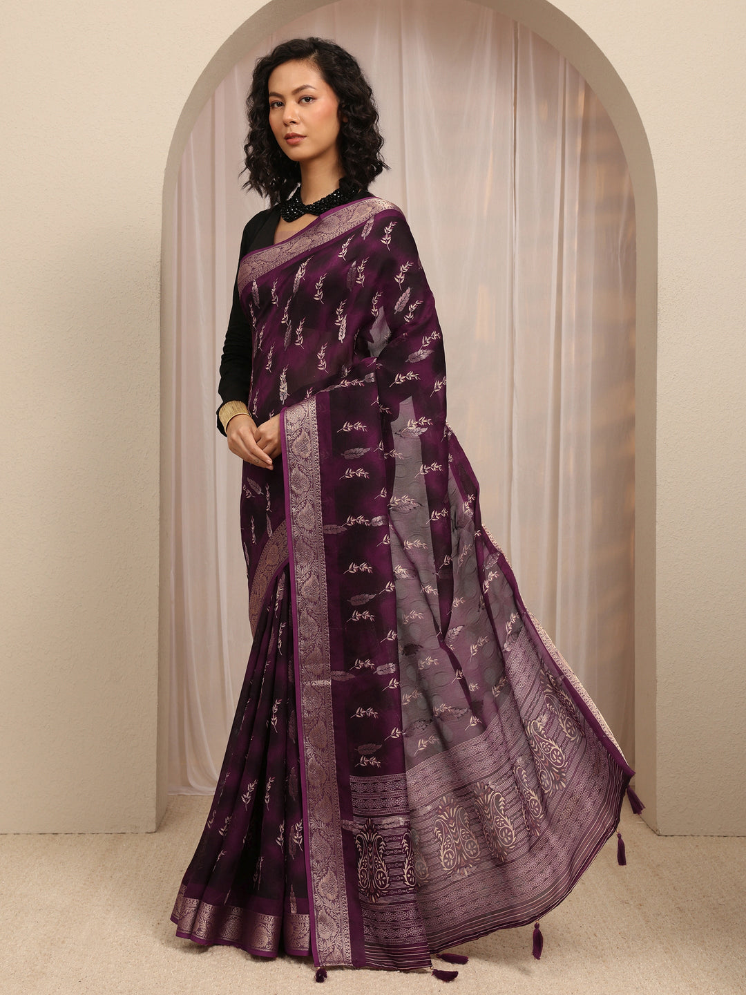  Burgundy Floral Printed Silk Blend Saree With Unstitched Blouse Piece 