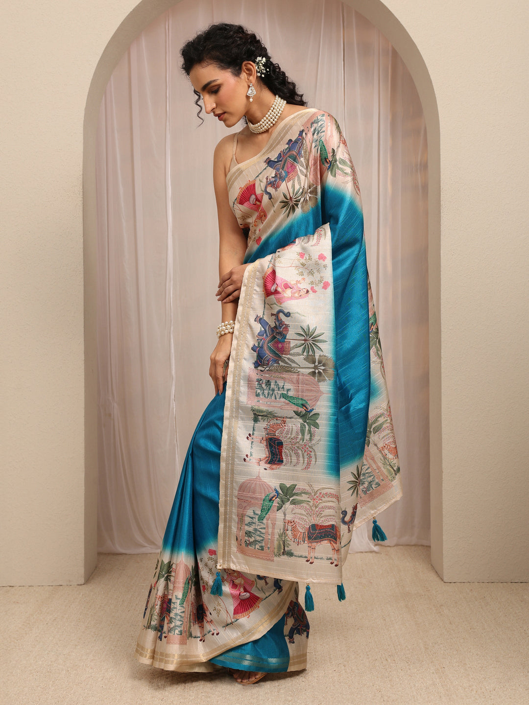  Blue Printed Silk Blend Saree With Unstitched Blouse Piece 