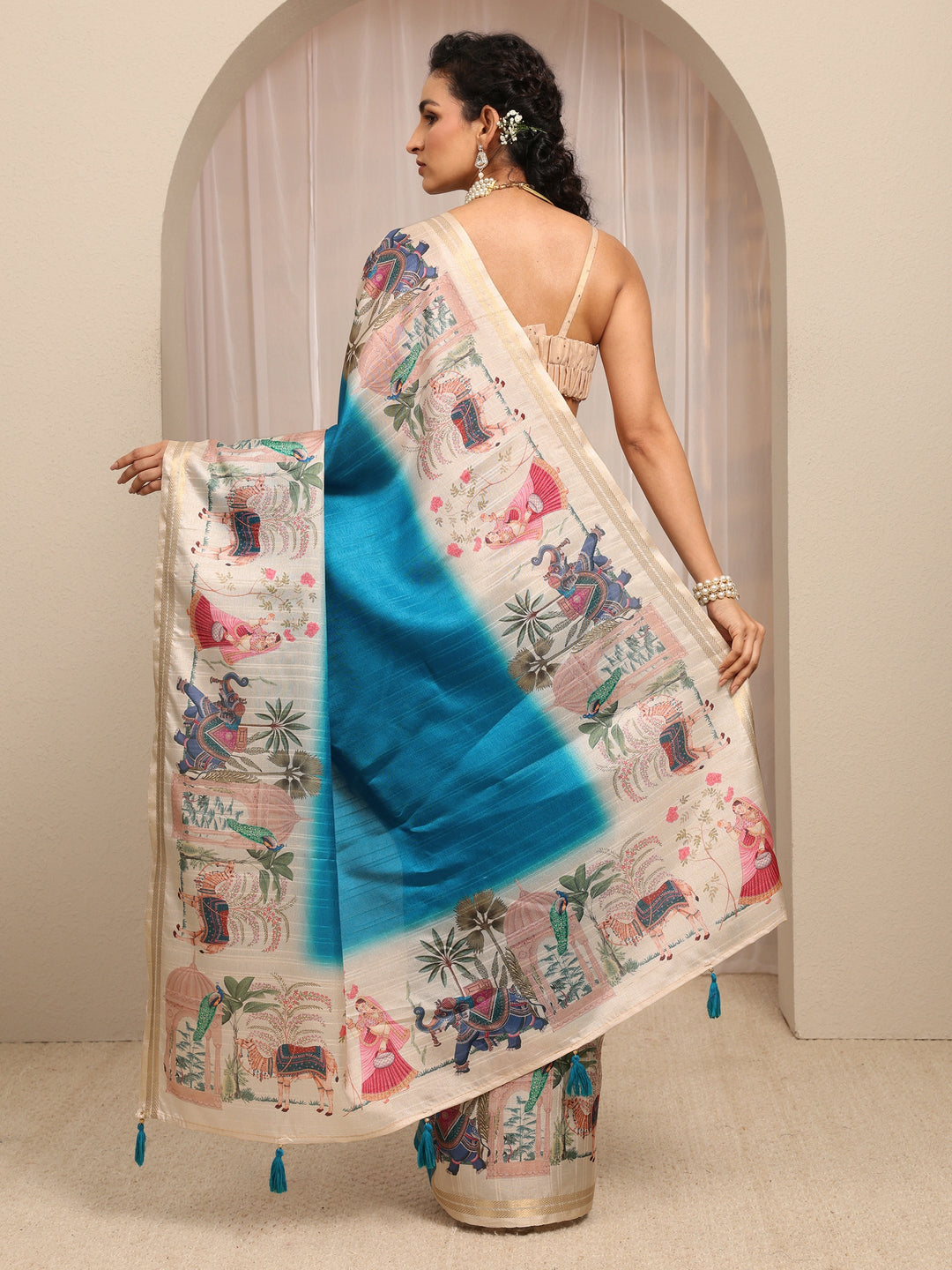  Blue Printed Silk Blend Saree With Unstitched Blouse Piece 
