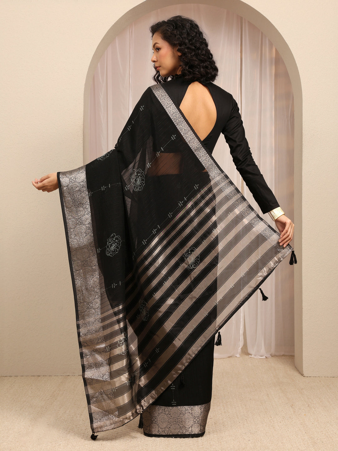  Black Floral Woven Design Silk Blend Saree With Unstitched Blouse Piece 