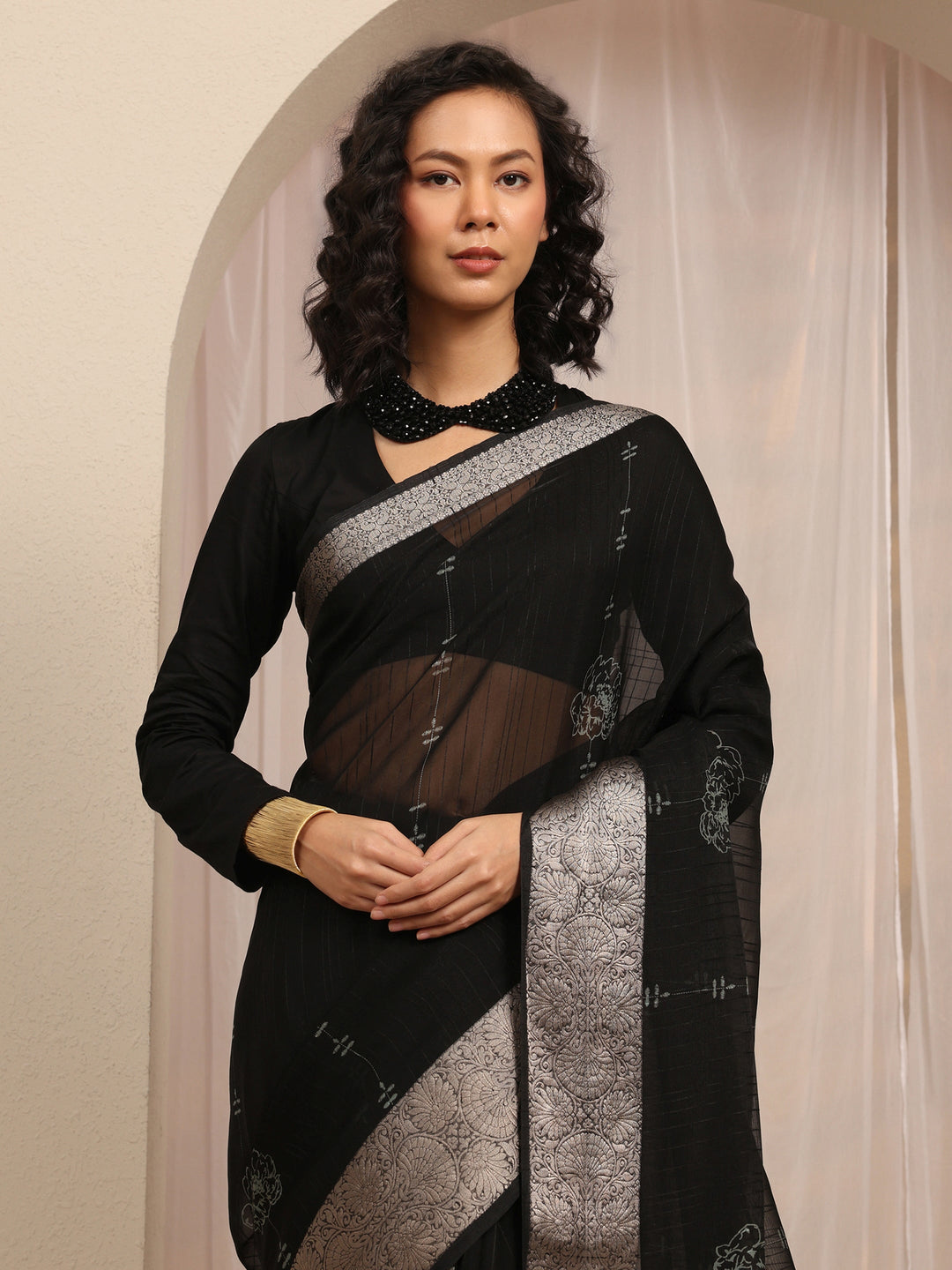  Black Floral Woven Design Silk Blend Saree With Unstitched Blouse Piece 