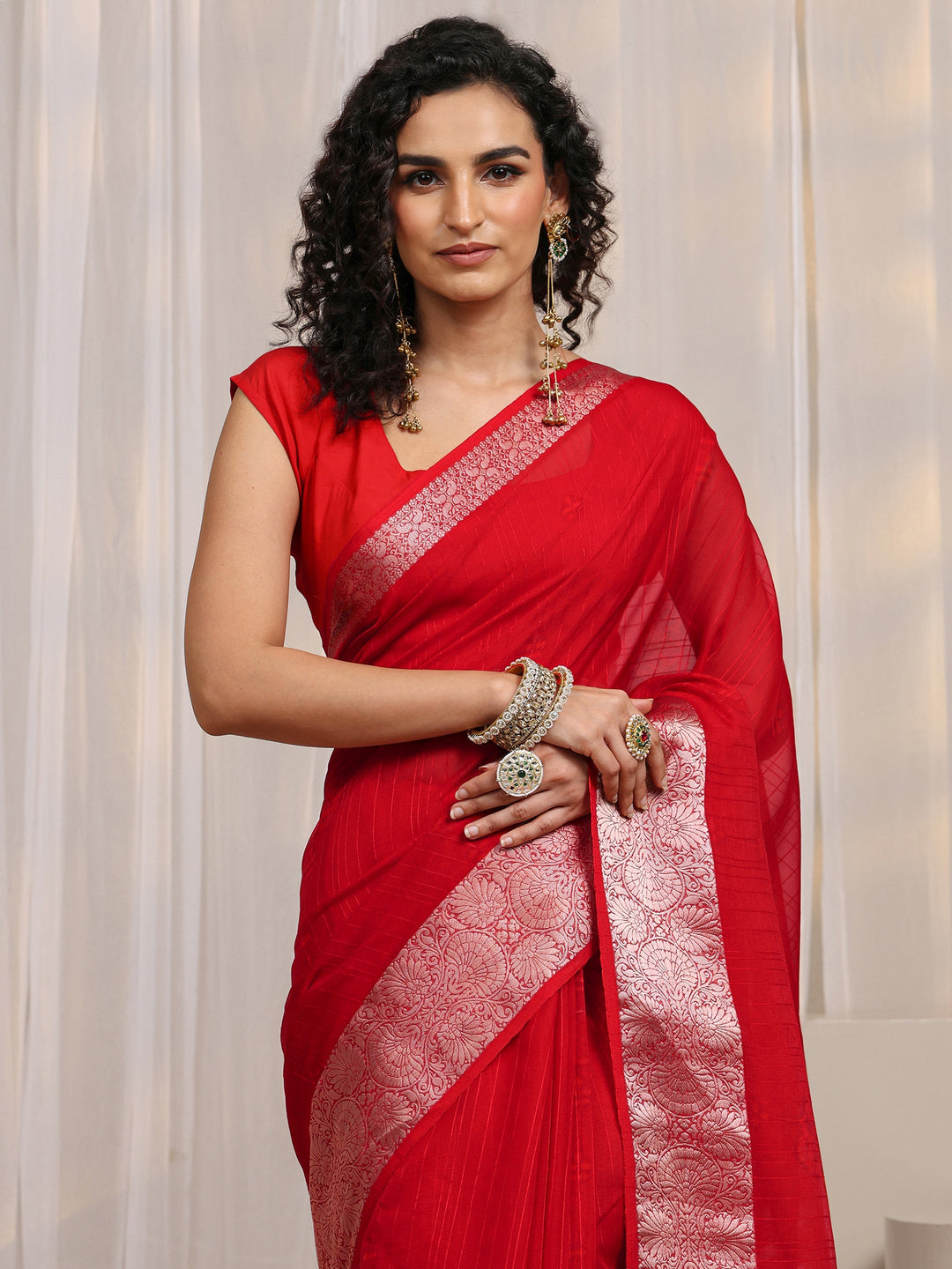 Red Floral Woven Design Silk Blend Saree 
With Unstitched Blouse Piece 