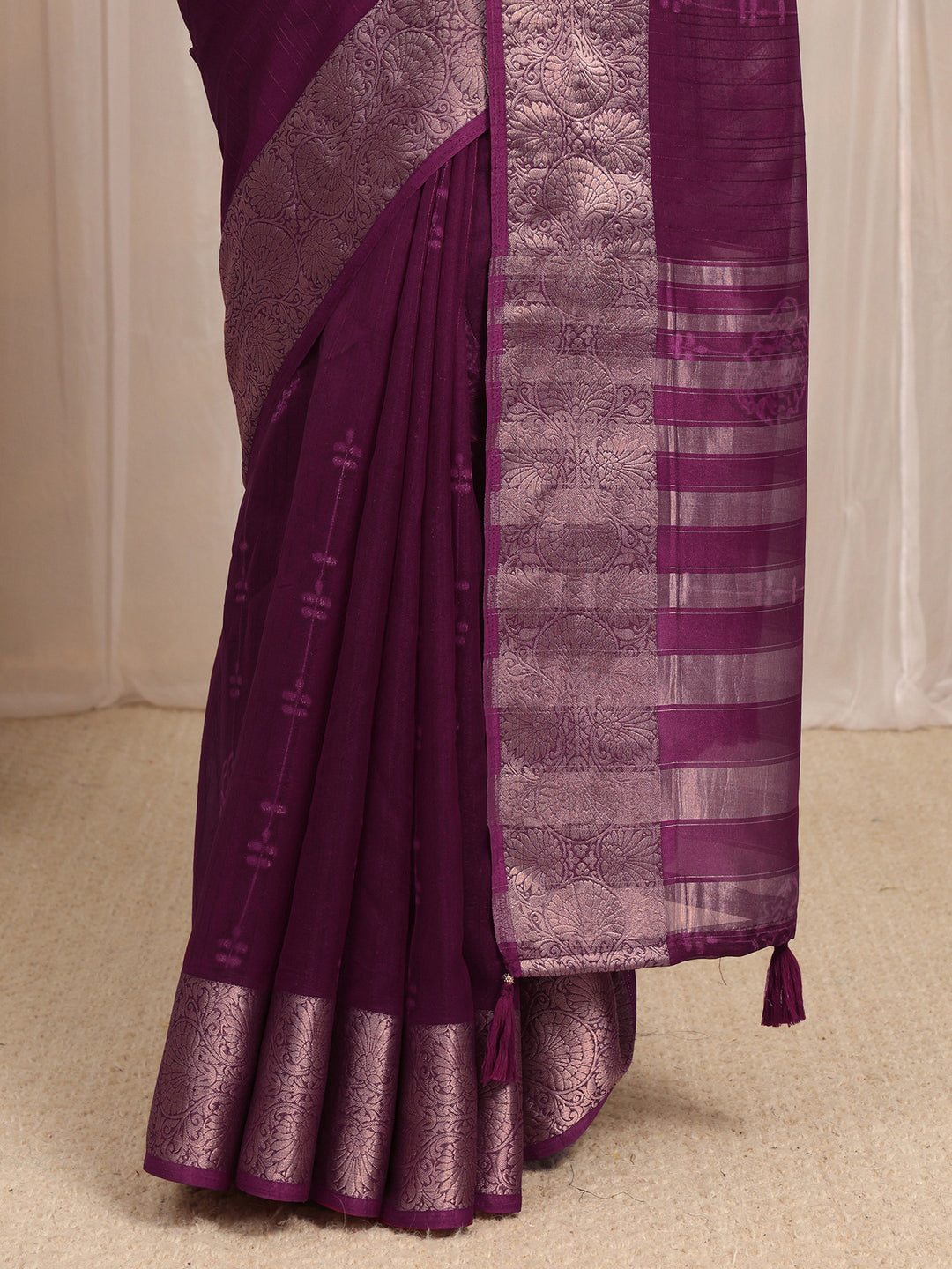  Burgundy Floral Woven Design Silk Blend Saree With Unstitched Blouse Piece 