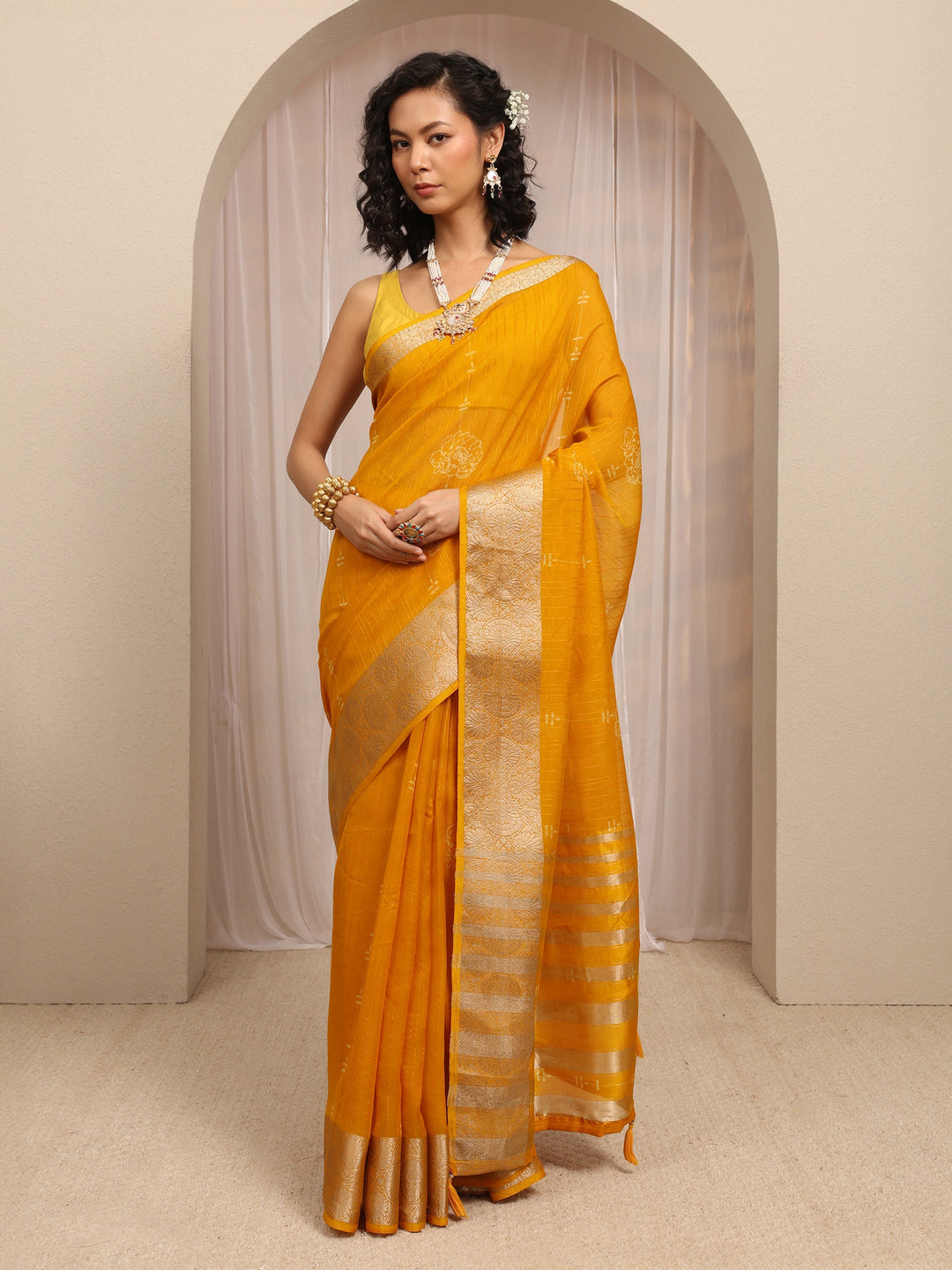  Mustard Floral Woven Design Silk Blend Saree With Unstitched Blouse Piece 