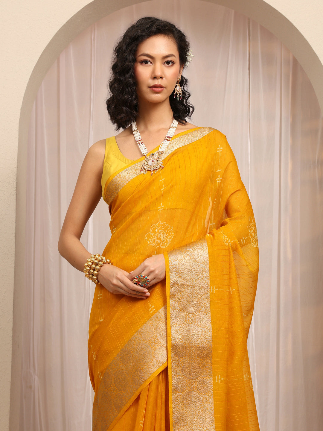  Mustard Floral Woven Design Silk Blend Saree With Unstitched Blouse Piece 