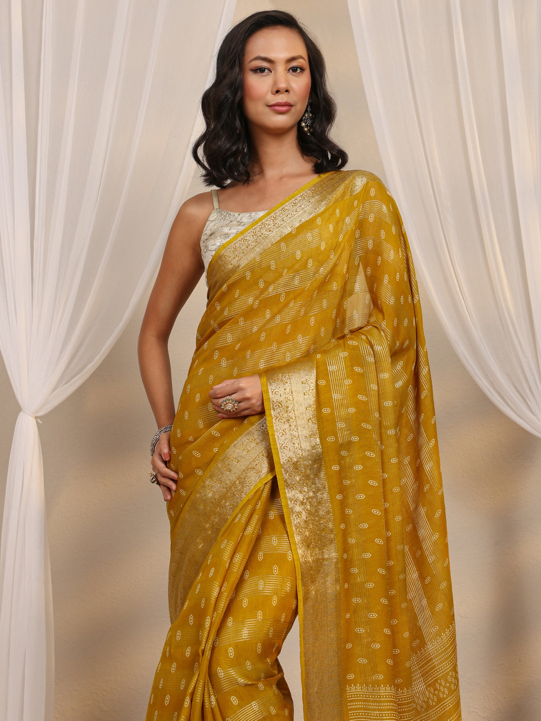  Mustard Woven Design Silk Blend Saree With Unstitched Blouse Piece 