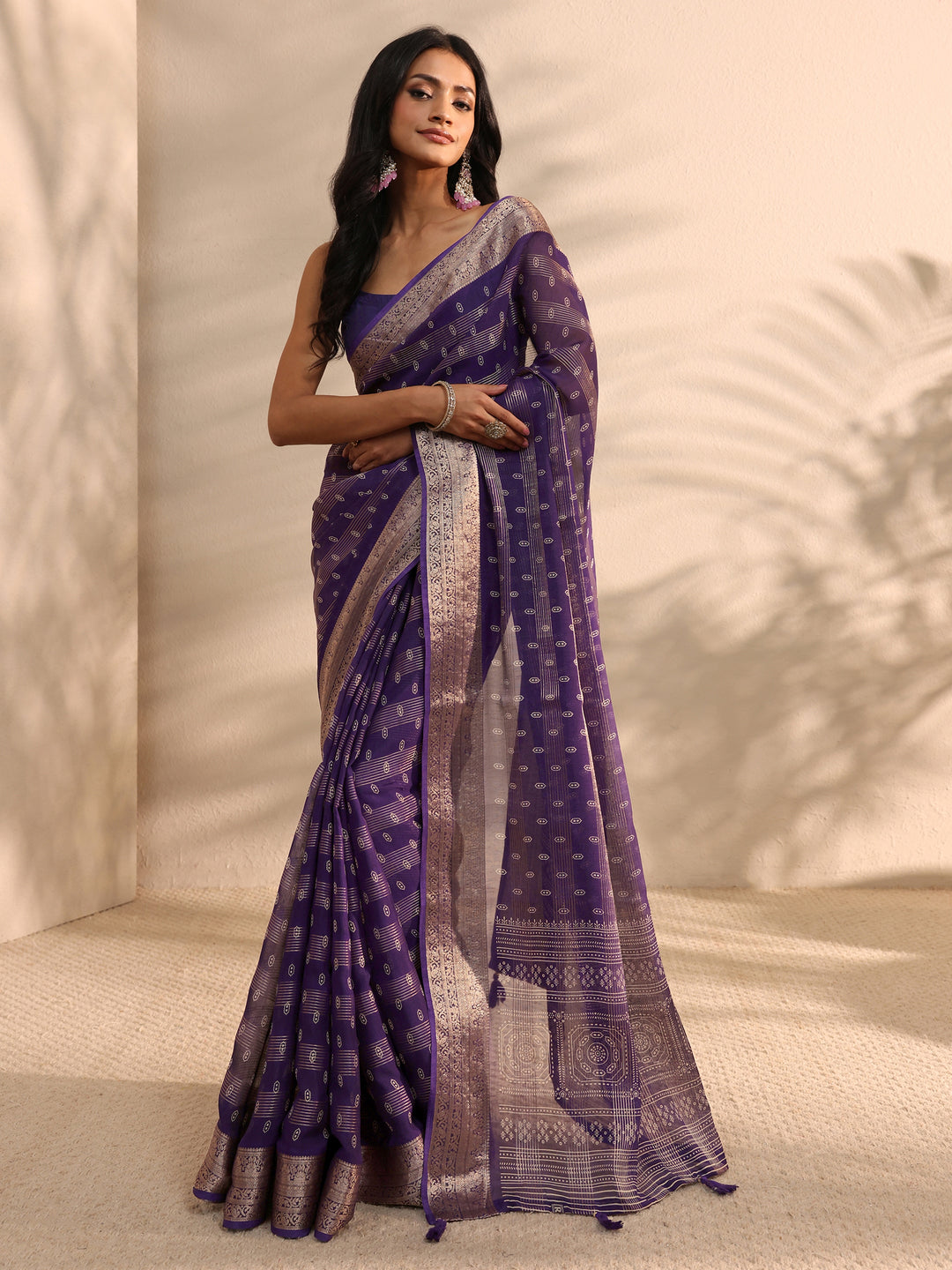  Purple Ethnic Woven Silk Blend Saree 
With Unstitched Blouse Piece 