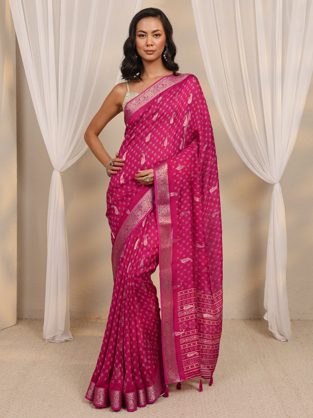  Pink Woven Design Paisley Silk Blend Saree With Unstitched Blouse Piece 