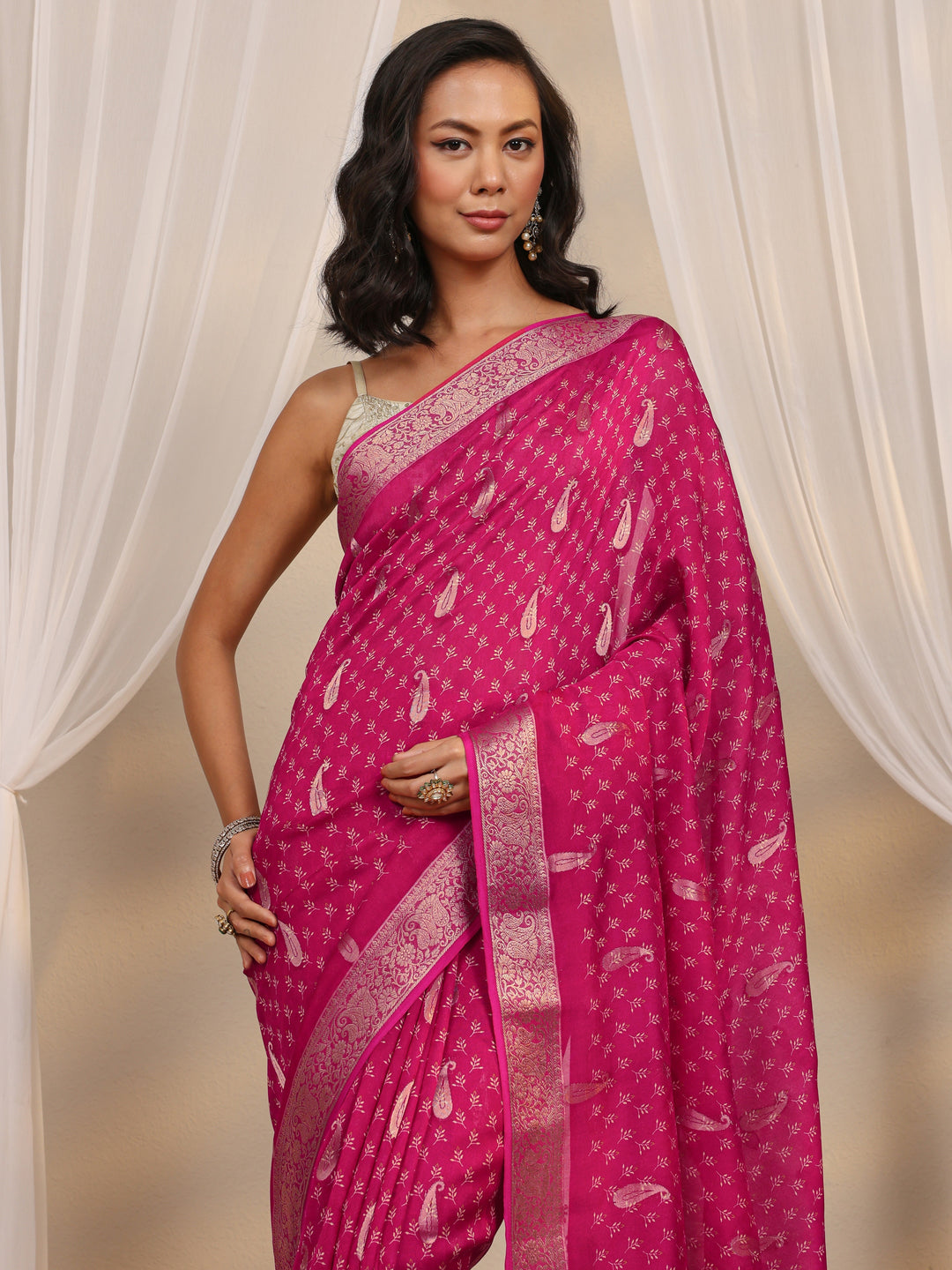  Pink Woven Design Paisley Silk Blend Saree With Unstitched Blouse Piece 