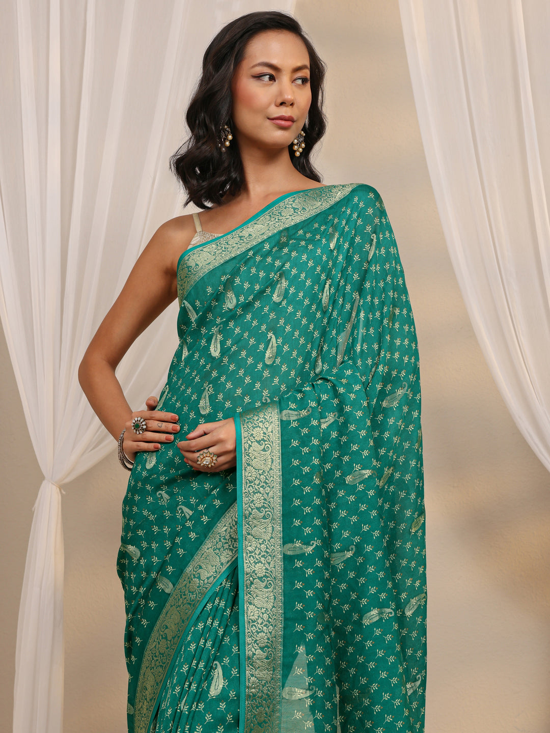  Green Woven Design Paisley Silk Blend Saree With Unstitched Blouse Piece 
