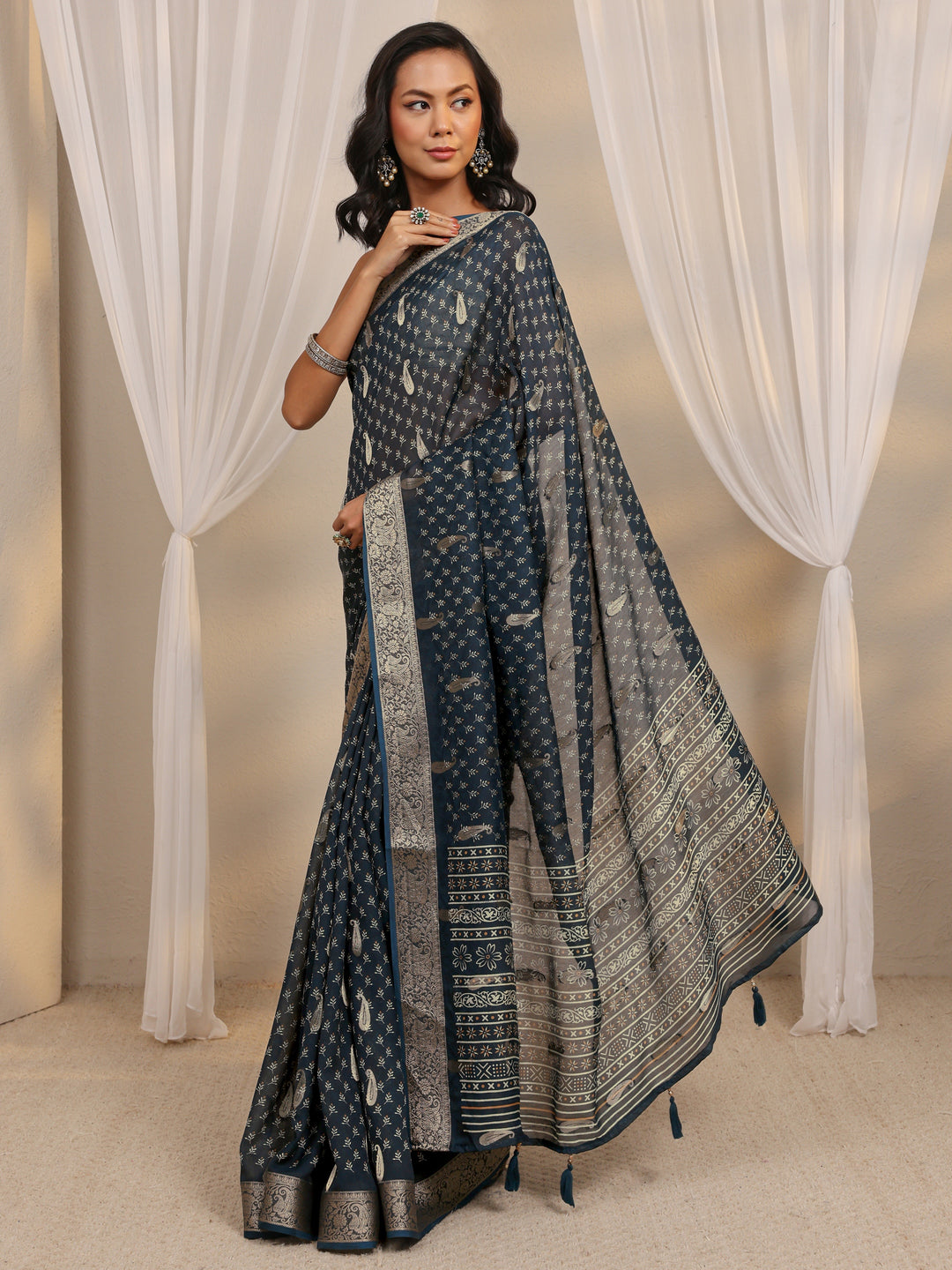  Navy Blue Woven Design Paisley Silk Blend Saree With Unstitched Blouse Piece 