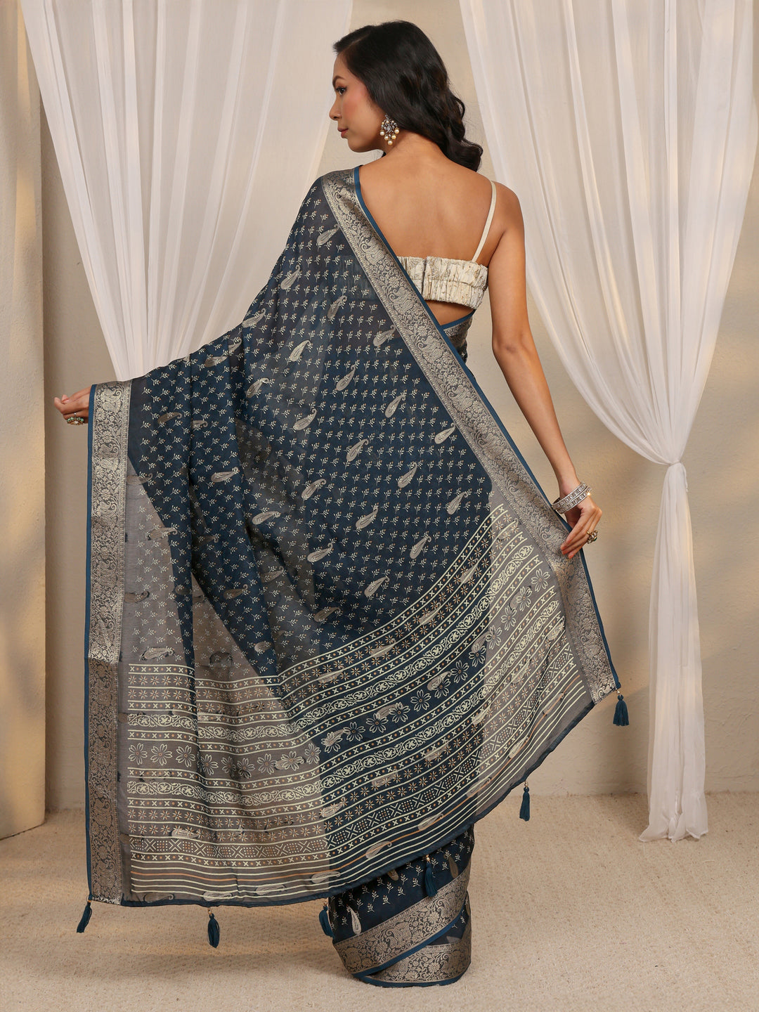  Navy Blue Woven Design Paisley Silk Blend Saree With Unstitched Blouse Piece 