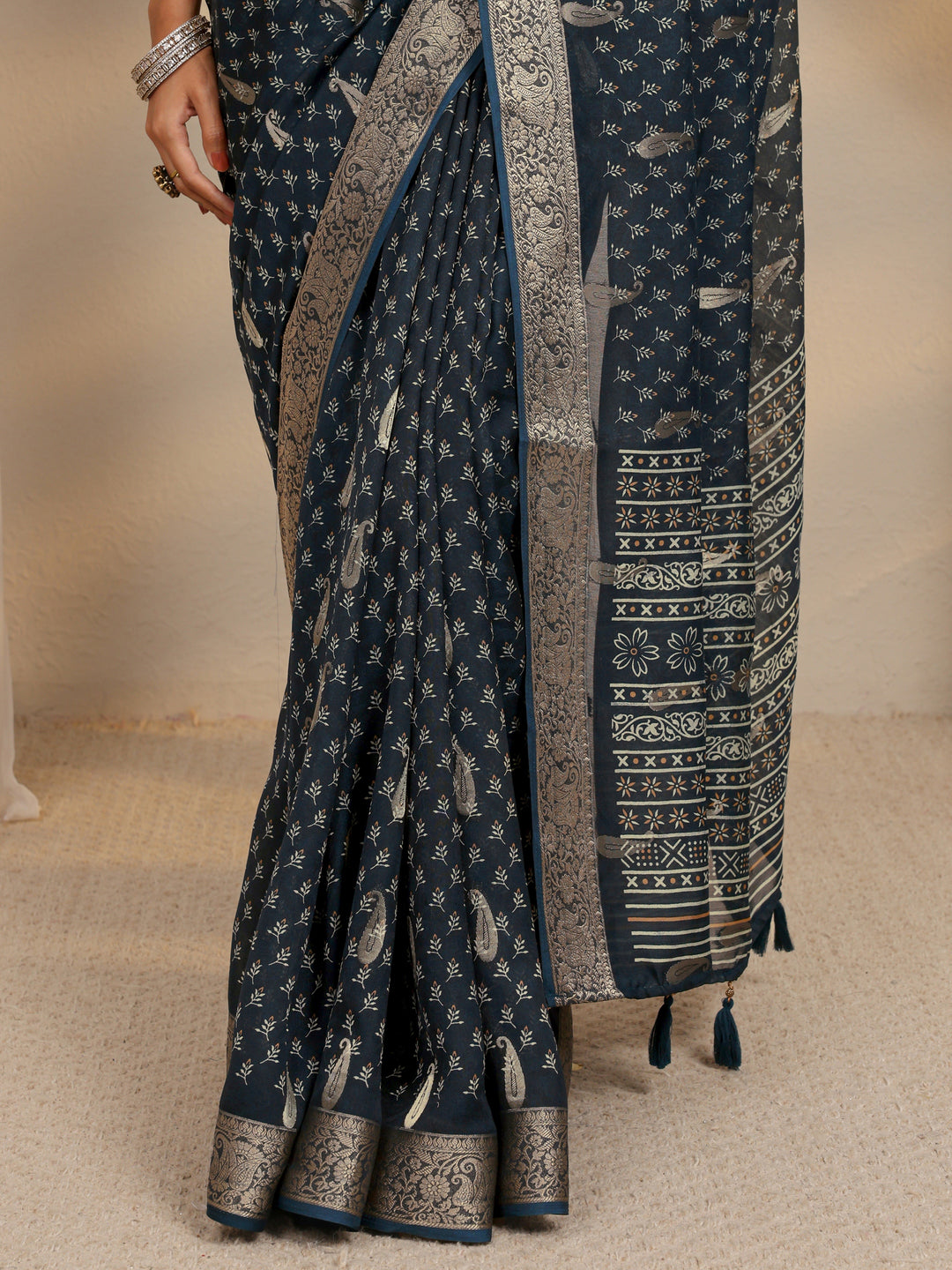  Navy Blue Woven Design Paisley Silk Blend Saree With Unstitched Blouse Piece 