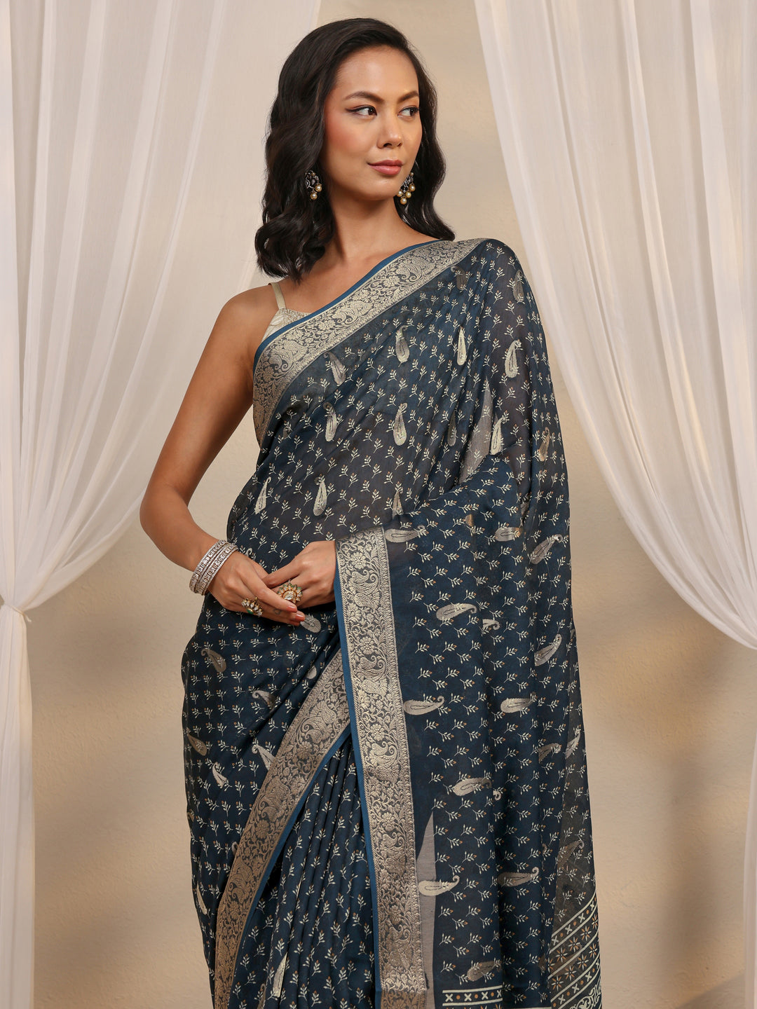  Navy Blue Woven Design Paisley Silk Blend Saree With Unstitched Blouse Piece 
