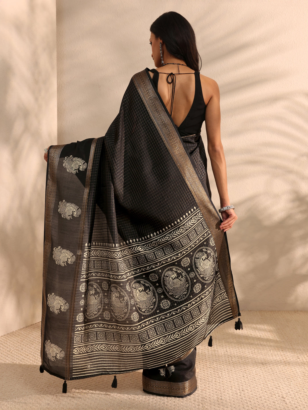  Black Printed Silk Blend Saree 
With Unstitched Blouse Piece 