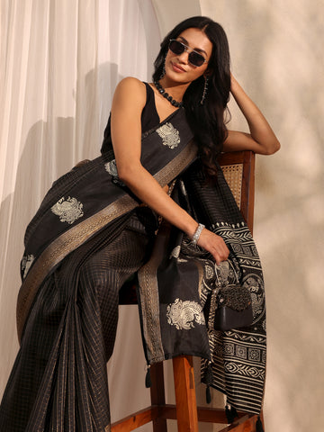 Black Printed Silk Blend Saree 
With Unstitched Blouse Piece