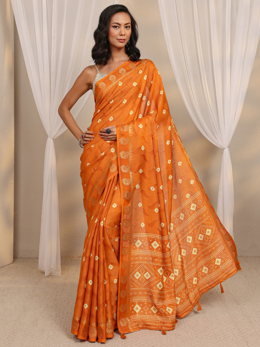  Orange Bandhani Printed Silk Blend Saree With Unstitched Blouse Piece 