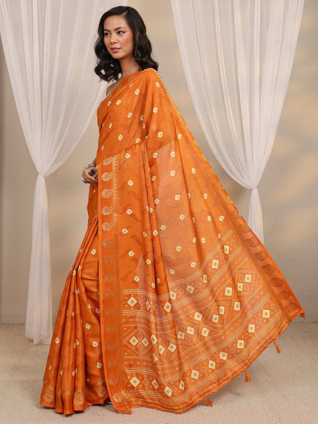  Orange Bandhani Printed Silk Blend Saree With Unstitched Blouse Piece 