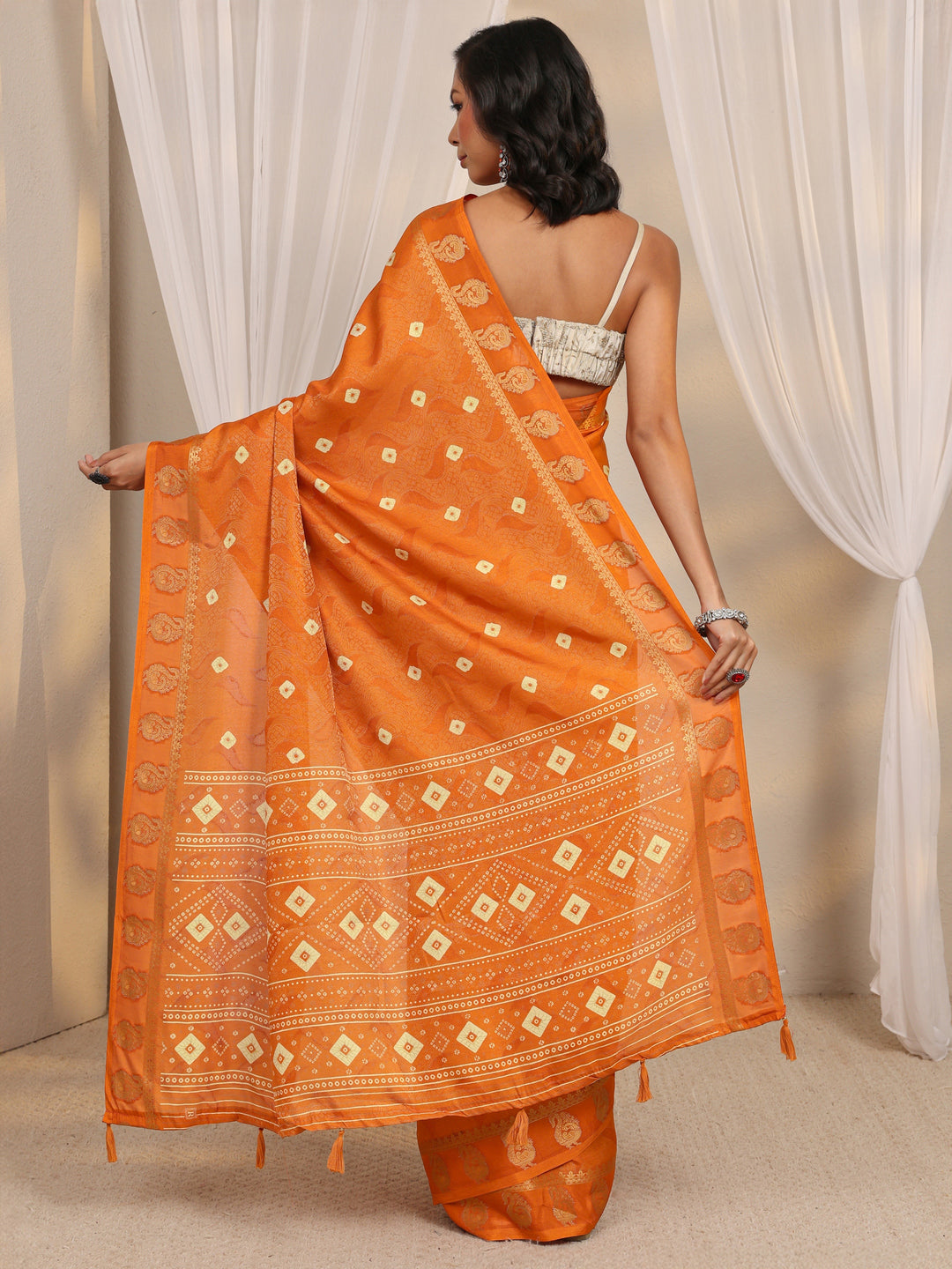  Orange Bandhani Printed Silk Blend Saree With Unstitched Blouse Piece 