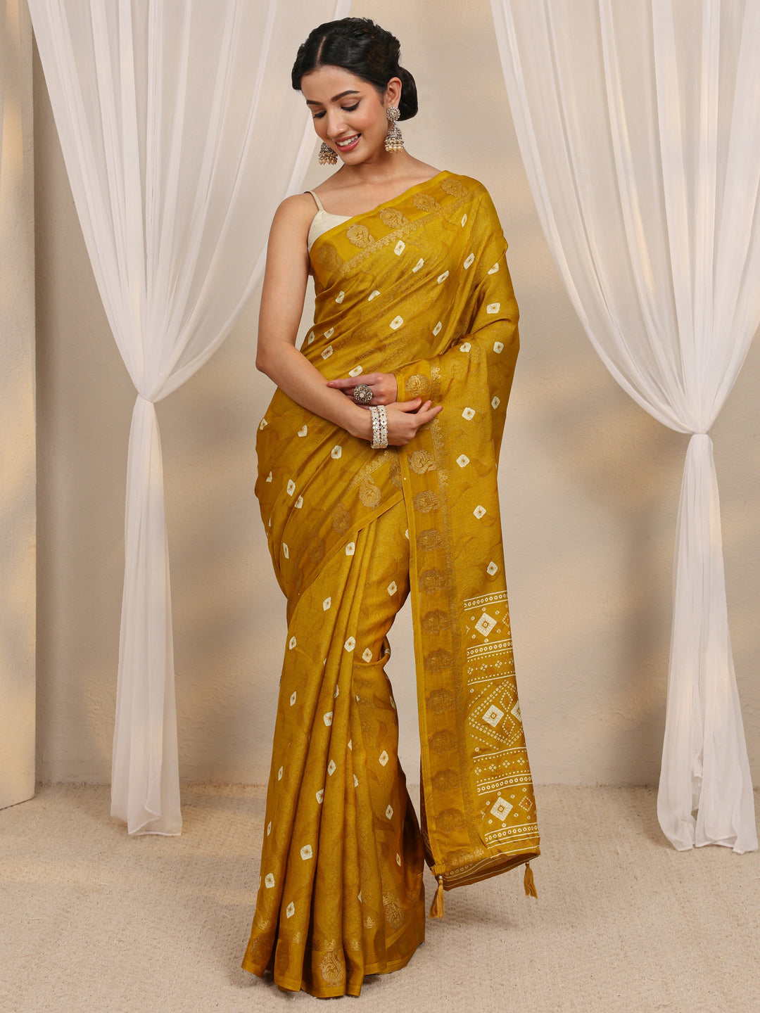  Mustard Bandhani Printed Silk Blend Saree With Unstitched Blouse Piece 