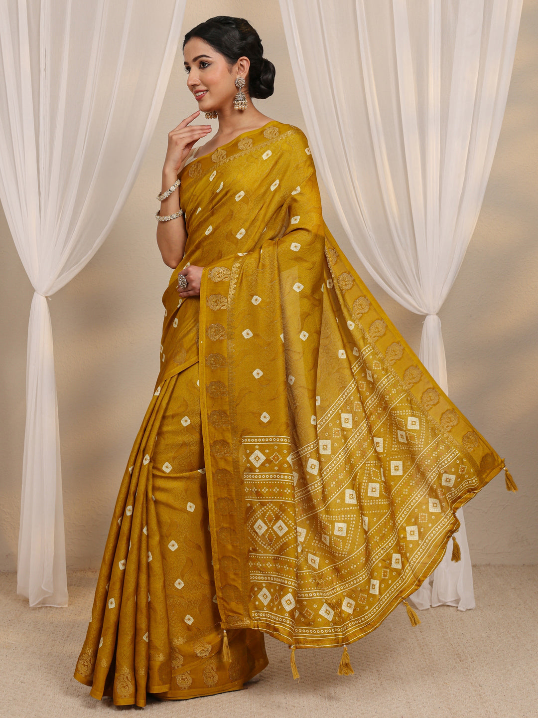  Mustard Bandhani Printed Silk Blend Saree With Unstitched Blouse Piece 
