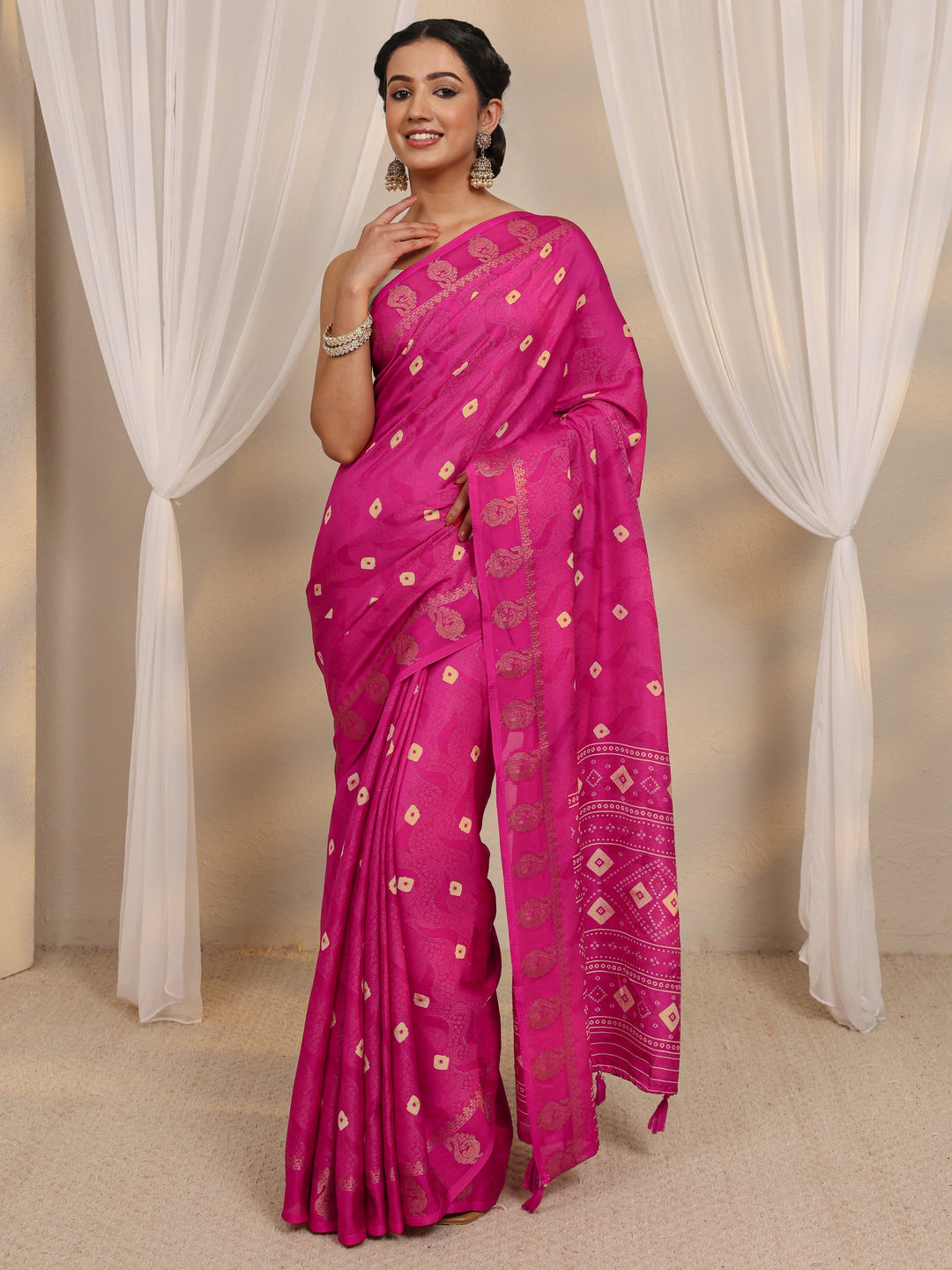  Pink Bandhani Printed Silk Blend Saree With Unstitched Blouse Piece 