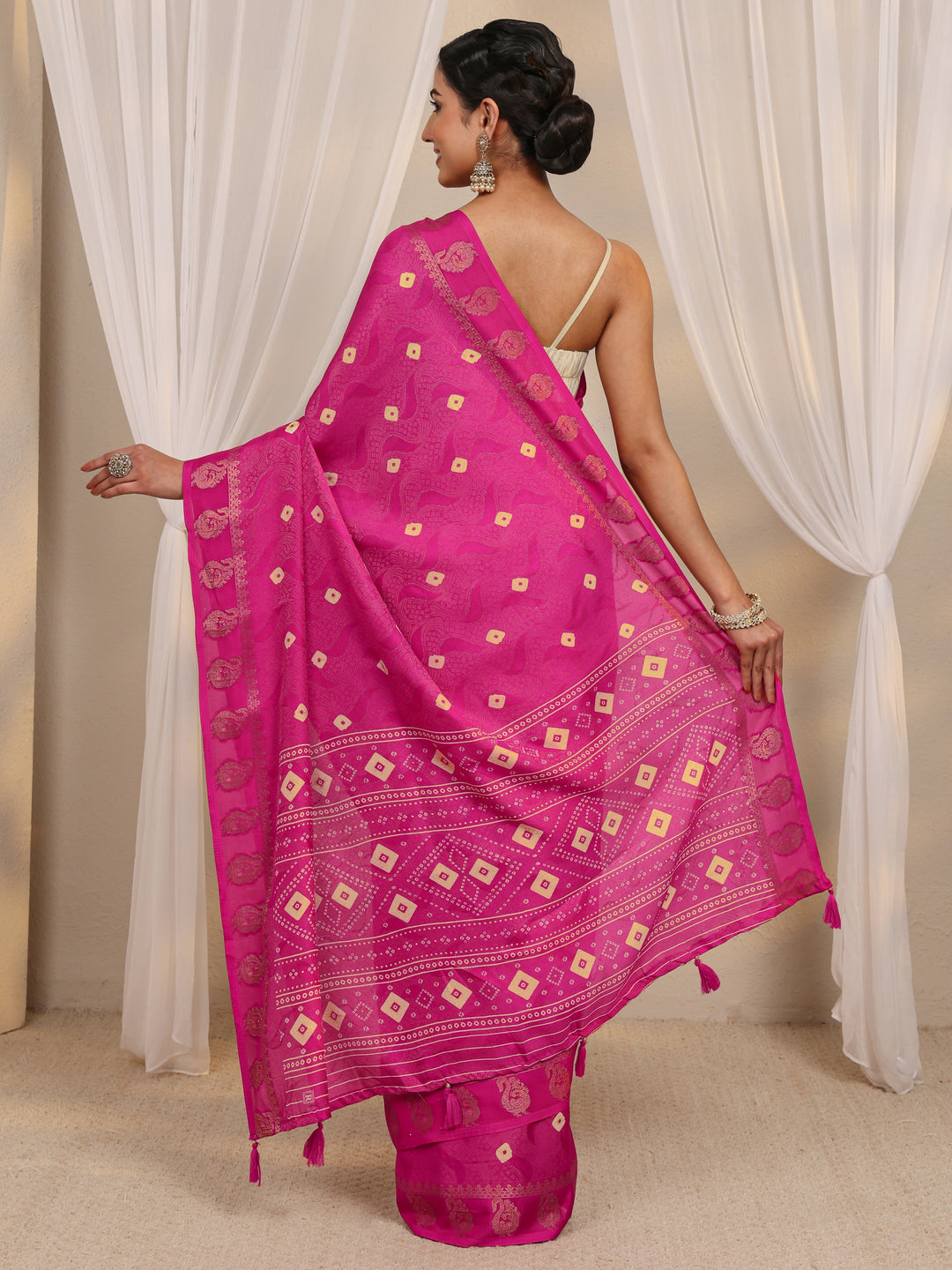  Pink Bandhani Printed Silk Blend Saree With Unstitched Blouse Piece 