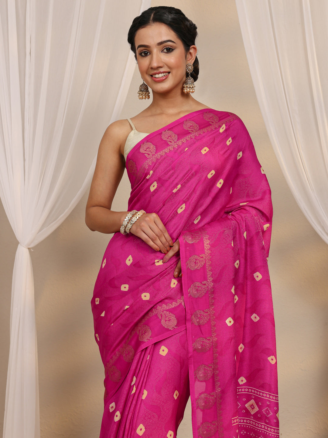  Pink Bandhani Printed Silk Blend Saree With Unstitched Blouse Piece 