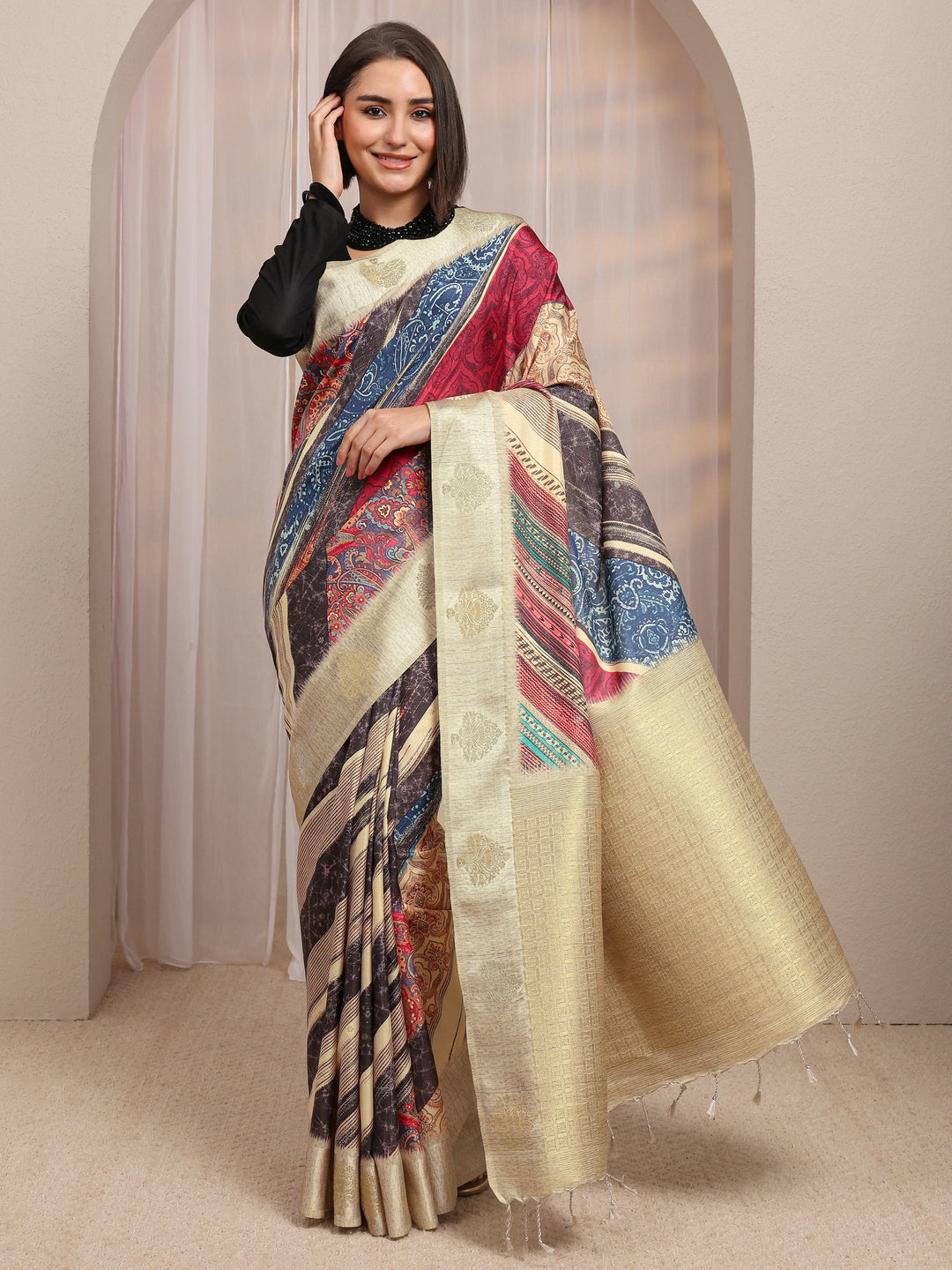  Multi Ethnic Motifs Printed Silk Blend Saree 
With Unstitched Blouse Piece 