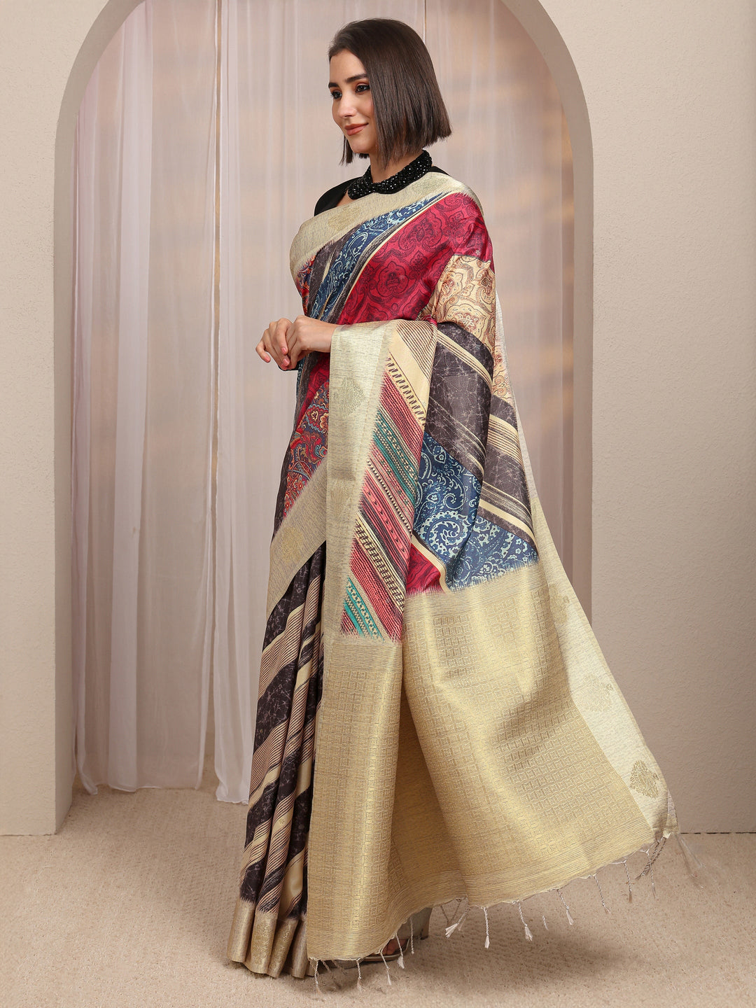  Multi Ethnic Motifs Printed Silk Blend Saree 
With Unstitched Blouse Piece 