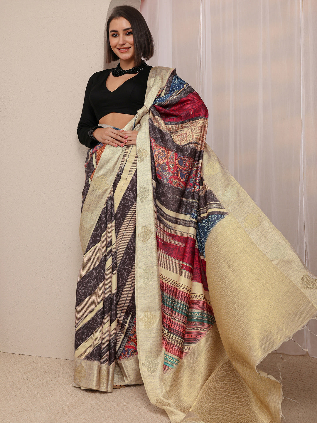  Multi Ethnic Motifs Printed Silk Blend Saree 
With Unstitched Blouse Piece 