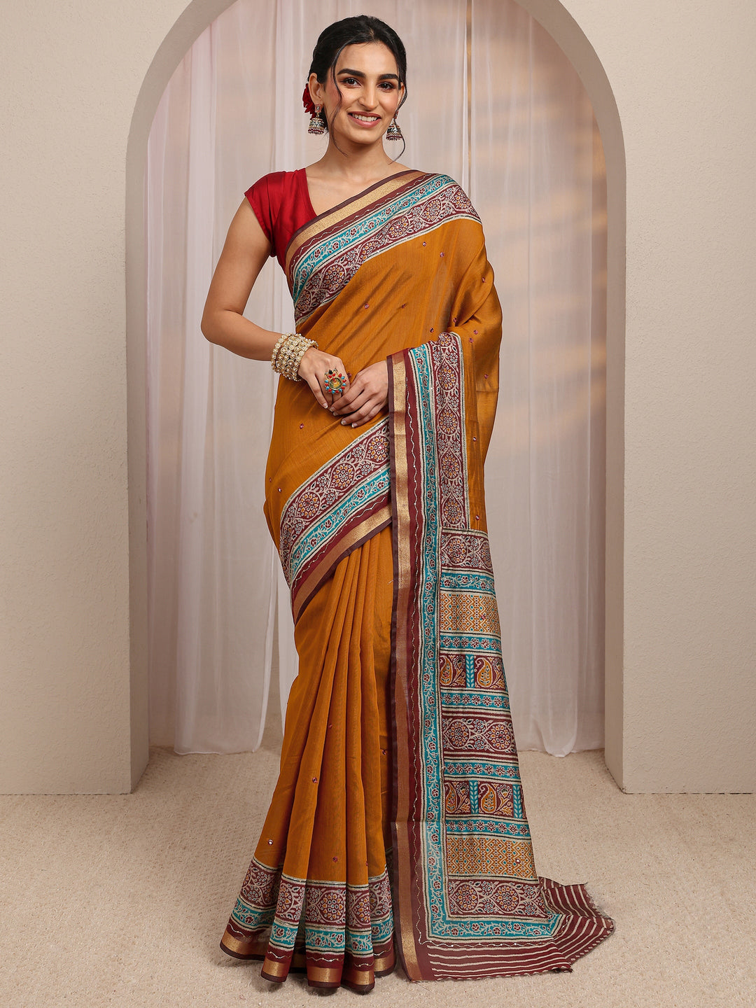  Mustard Solid Silk Blend Saree With Unstitched Blouse Piece 