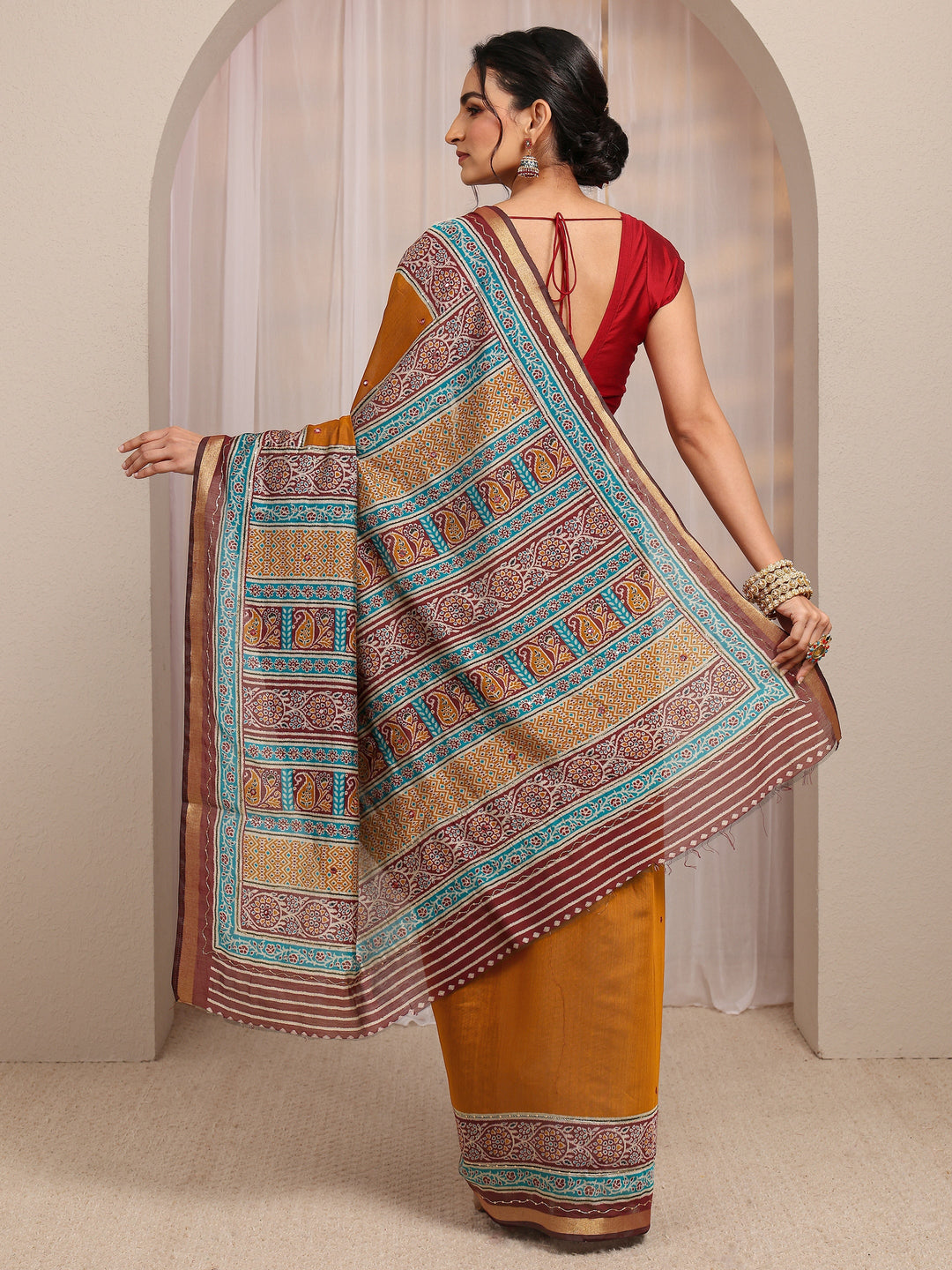  Mustard Solid Silk Blend Saree With Unstitched Blouse Piece 