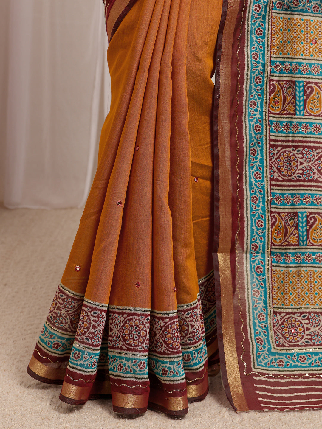  Mustard Solid Silk Blend Saree With Unstitched Blouse Piece 