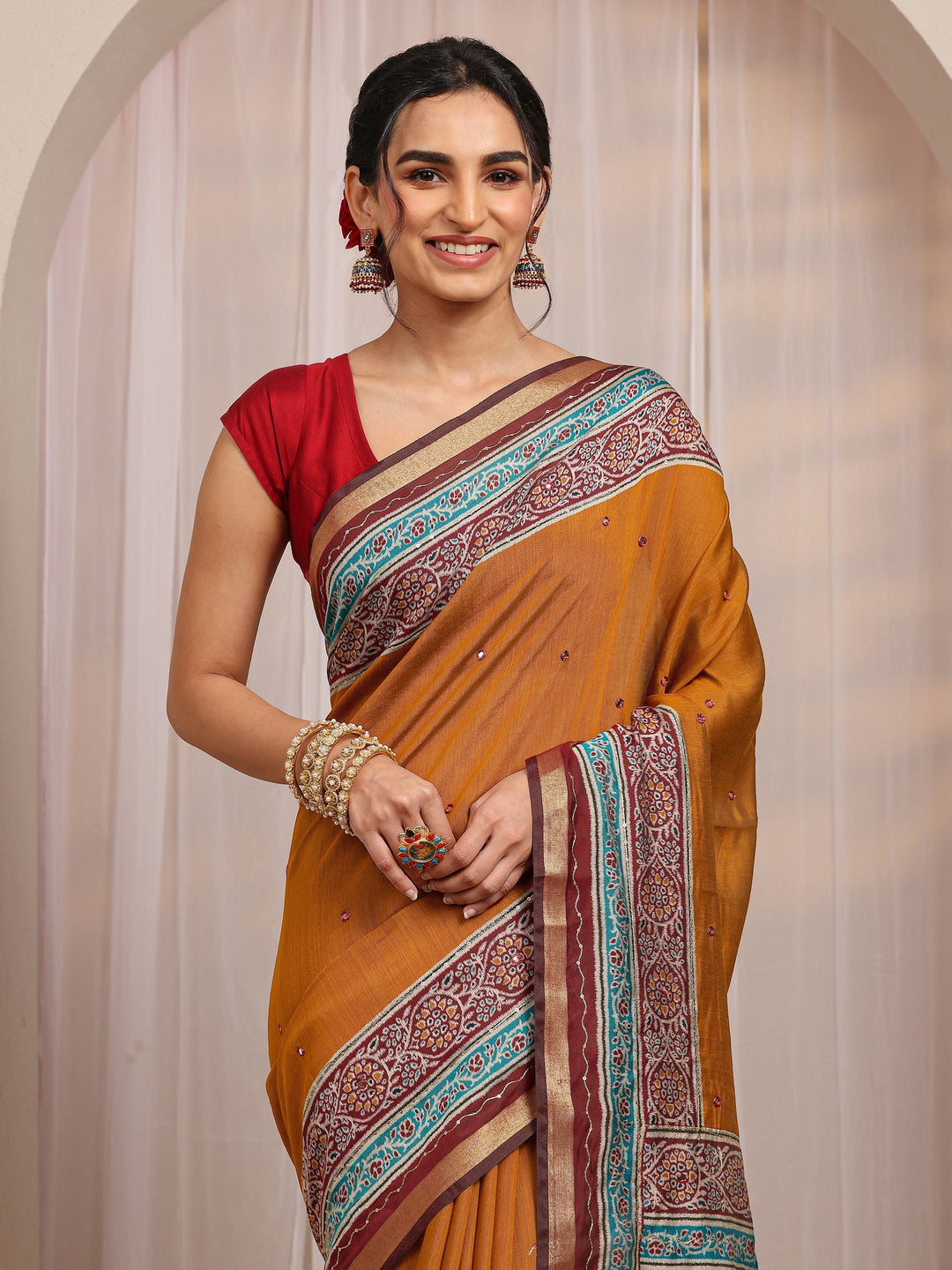  Mustard Solid Silk Blend Saree With Unstitched Blouse Piece 
