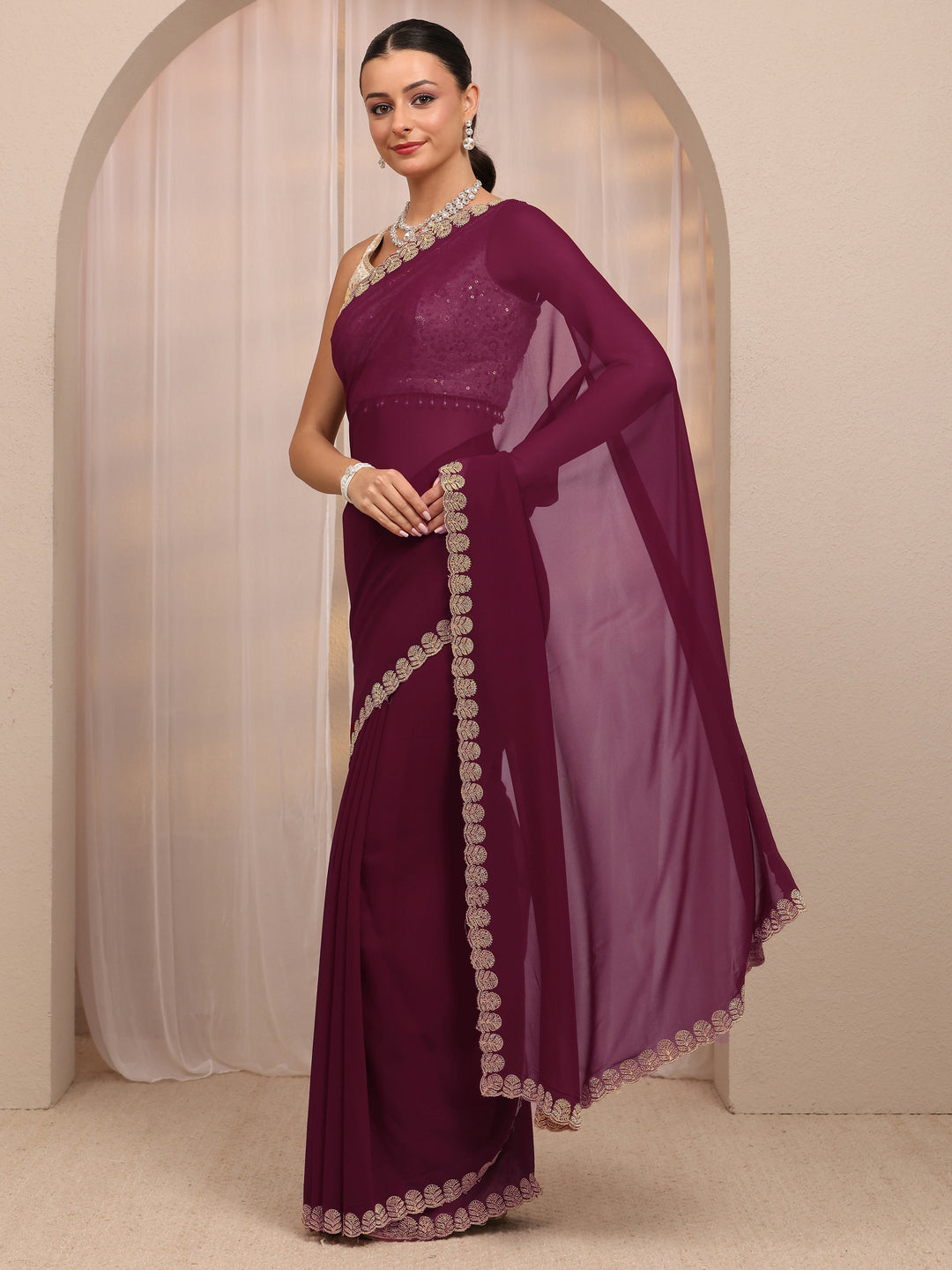  Maroon Embellished Silk Blend Saree 
With Unstitched Blouse Piece 