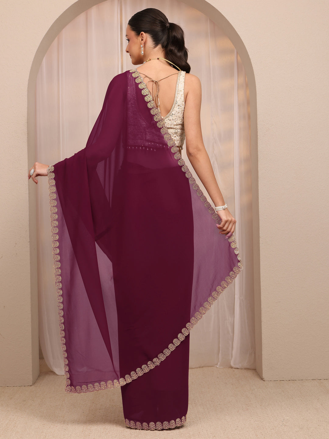  Maroon Embellished Silk Blend Saree 
With Unstitched Blouse Piece 